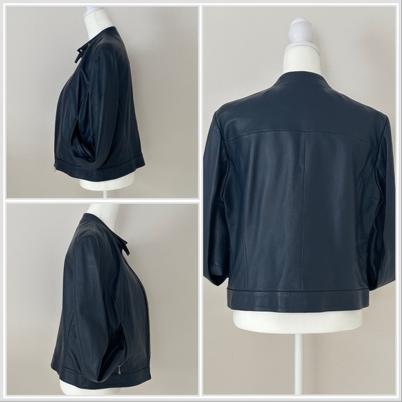 Cropped, indigo blue, perforated leather jacket - Picture 2 of 16